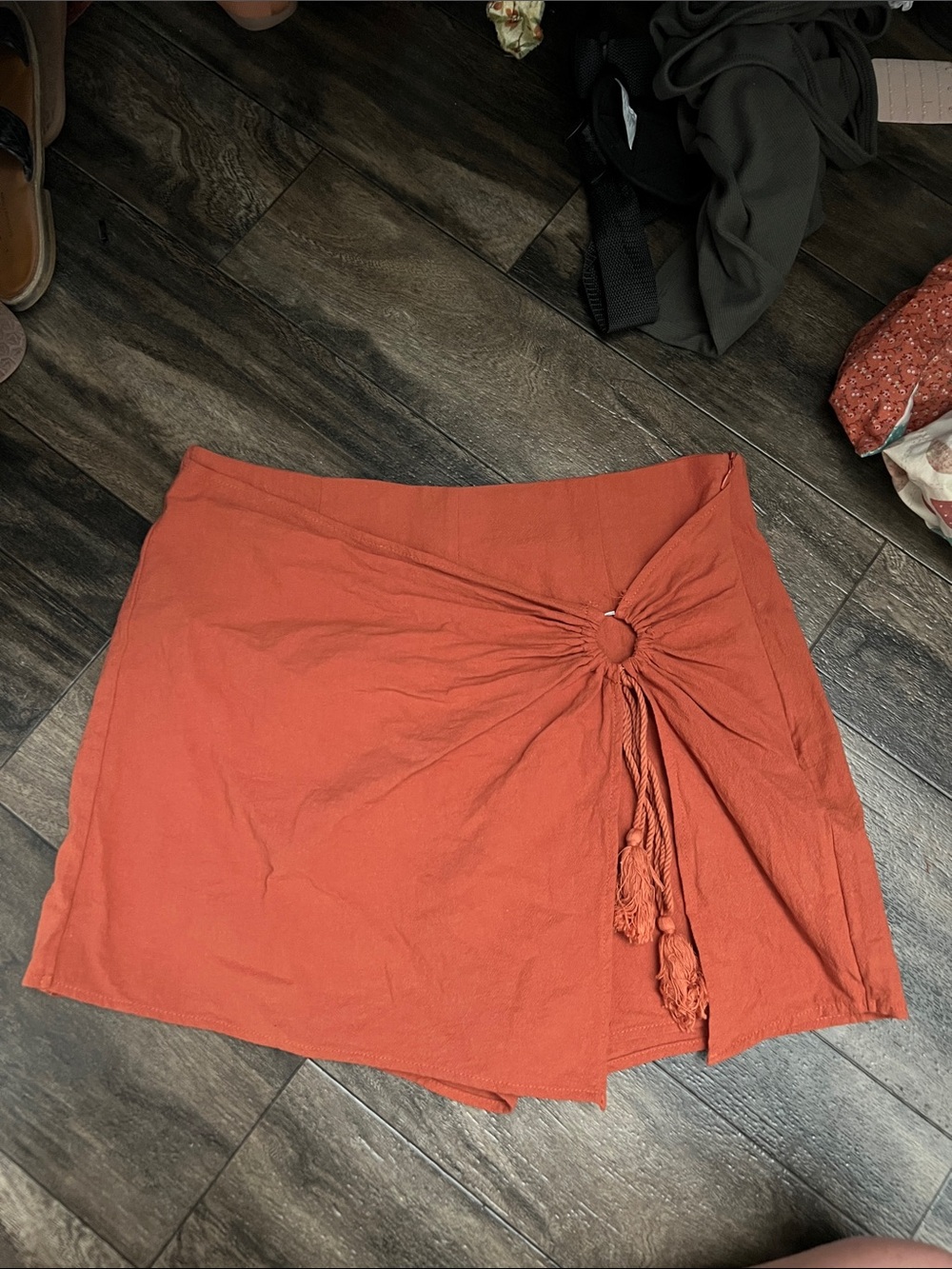 Orange shorts with faux skirt front